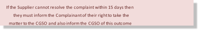 If the Supplier cannot resolve the complaint within 15 days then  they must inform the Complainant of their right to take the  matter to the CGSO and also inform the CGSO of this outcome